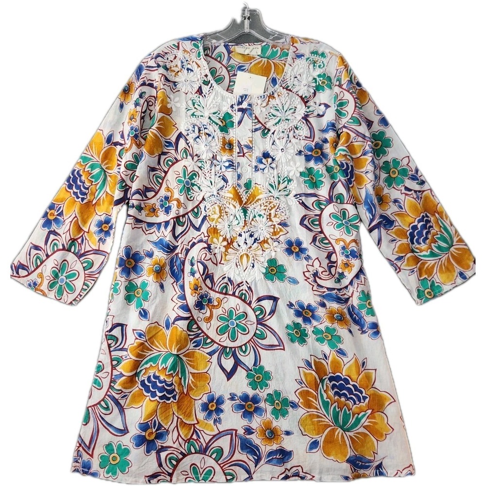 Vintage Goa Shirt Womens Sx M Multicolor Floral Embroidered Boho Tunic Top NWT